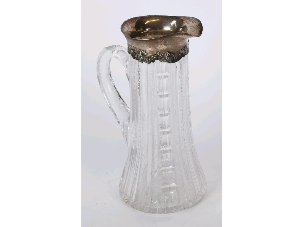 Appraisal: TALL CONICAL CUT GLASS WATER JUG with sterling silver lip