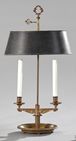 Appraisal: French Brass and Tole-Peinte Two-Light Bouillotte Lamp first quarter th