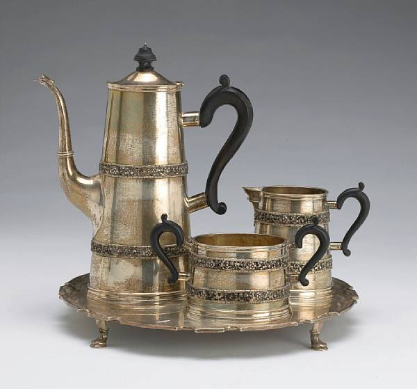 Appraisal: A sterling hand made three piece coffee set with wooden