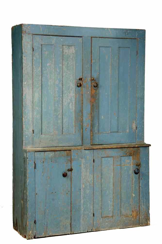 Appraisal: BLUE PAINTED CUPBOARD - th c Maine Step-Back Cupboard in