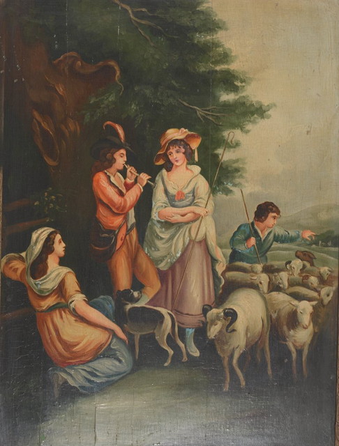 Appraisal: English SchoolFigural group and sheep in the fields oils on