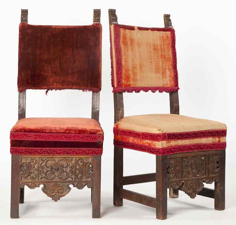 Appraisal: Two Similar Italian Carved Side Chairslikely th century walnut square