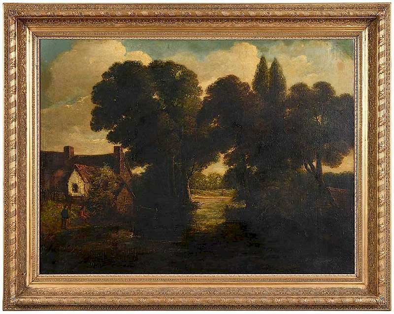 Appraisal: British School th century Landscape with Fishermen by a Cottage