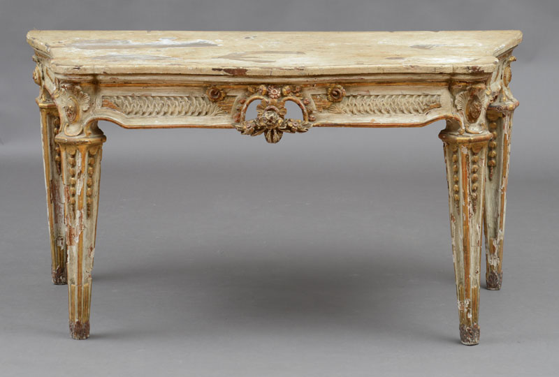 Appraisal: ITALIAN NEOCLASSICAL PAINTED AND PARCEL-GILT CONSOLE The later serpentine-fronted top