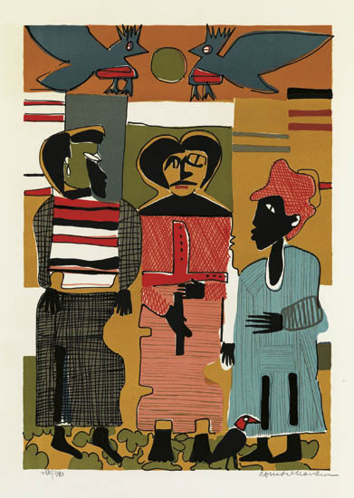 Appraisal: ROMARE BEARDEN - Firebirds Color lithograph x mm x inches