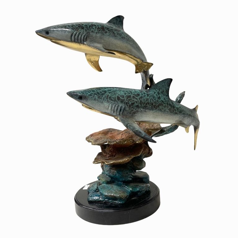 Appraisal: Double Shark Bronze Sculpture on Black Marble Base Double Shark