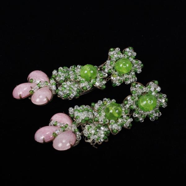 Appraisal: Miriam Haskell Pink Green Glass Beaded Floral Drop Chandelier Clip