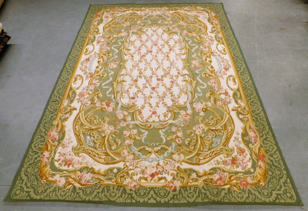 Appraisal: FRENCH GREEN SINO AUBUSSON FLAT WEAVE RUG TEXTILE France th