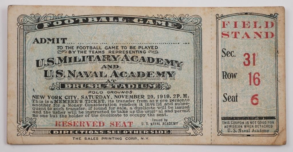 Appraisal: TICKET ARMY-NAVY FOOTBALL GAME This complete not a stub ticket