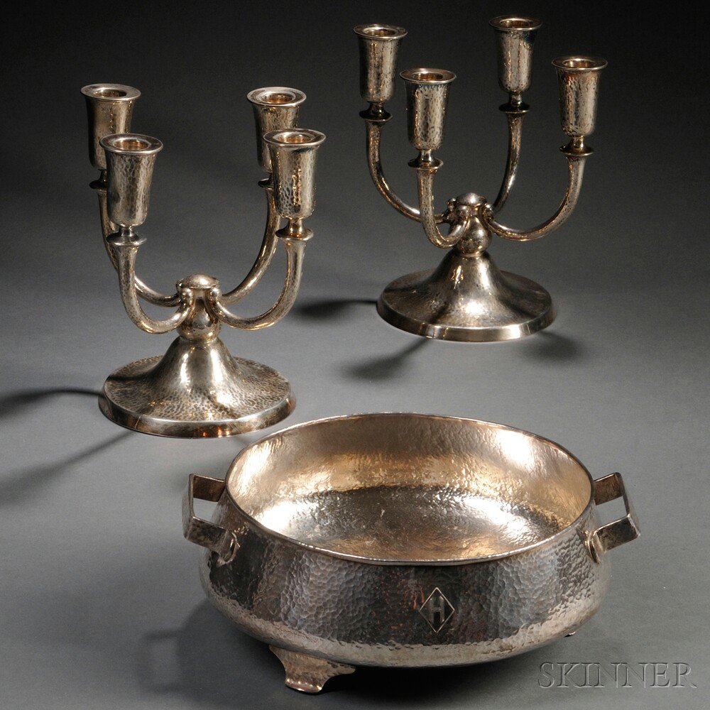 Appraisal: Pair Silver Candelabra and Center Bowl mid- th century each