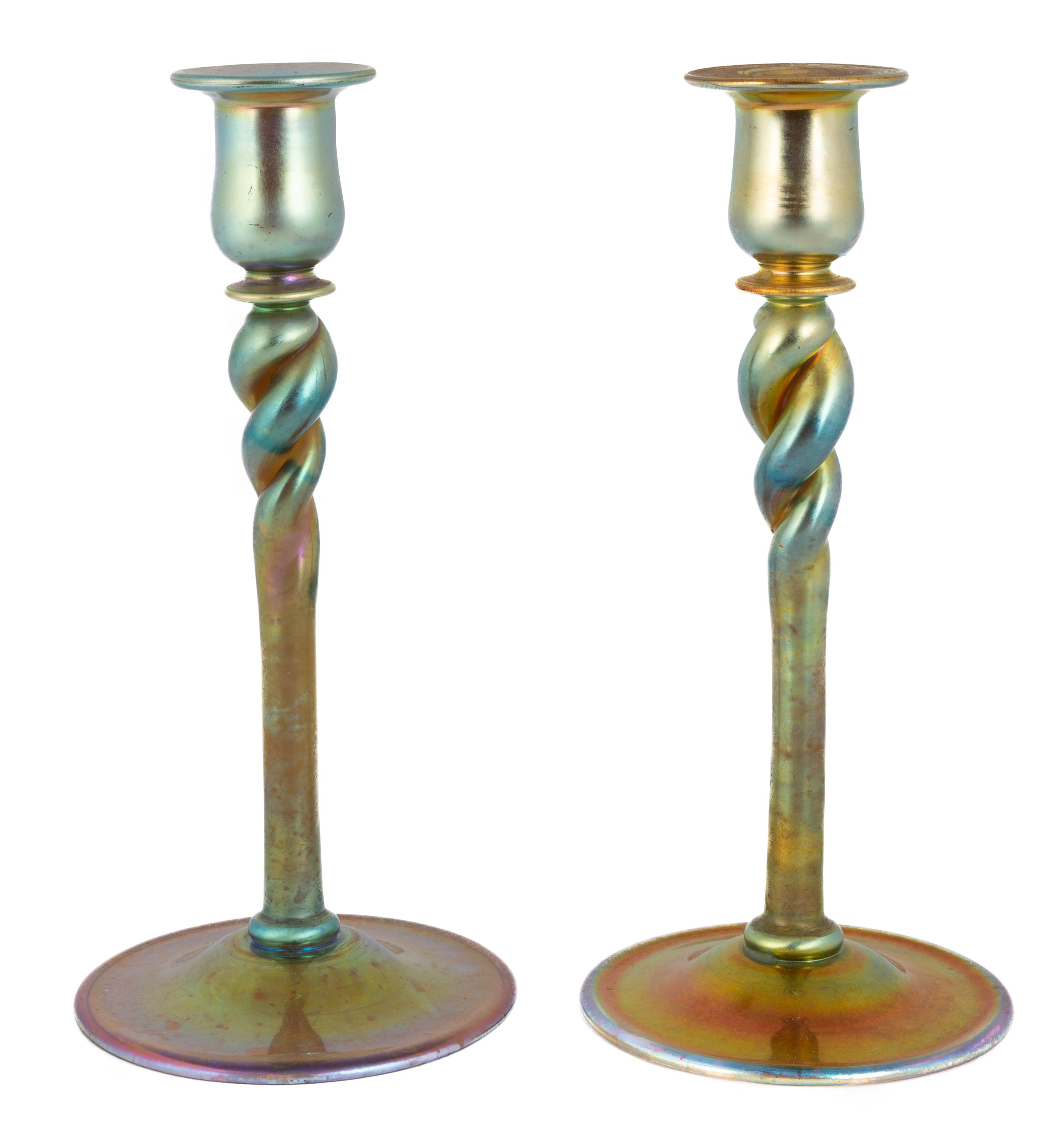 Appraisal: STEUBEN GOLD AURENE CANDLESTICKS WITH TWISTED STEM Corning NY early