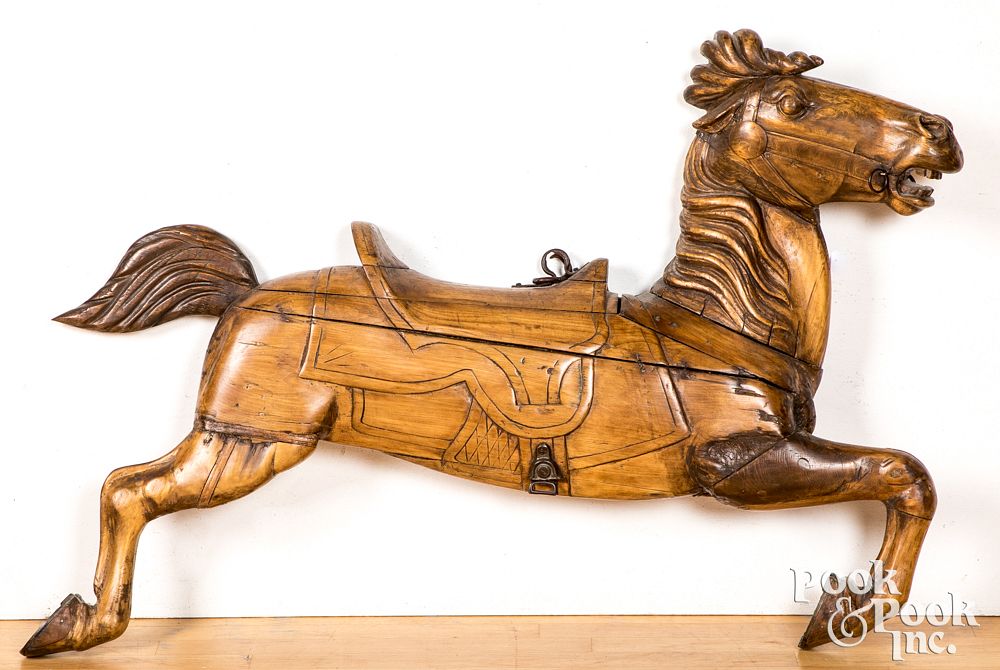 Appraisal: Half round carved carousel horse h w Half round carved