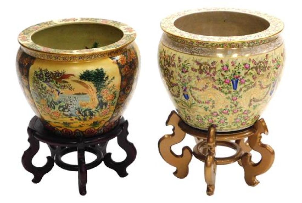 Appraisal: ASIAN Two Asian polychrome urns or fishbowls details include one