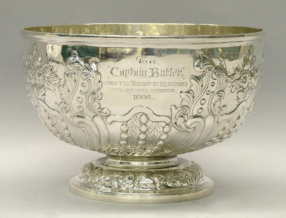 Appraisal: Edwardian circular pedestal rose bowl embossed with floral and foliate