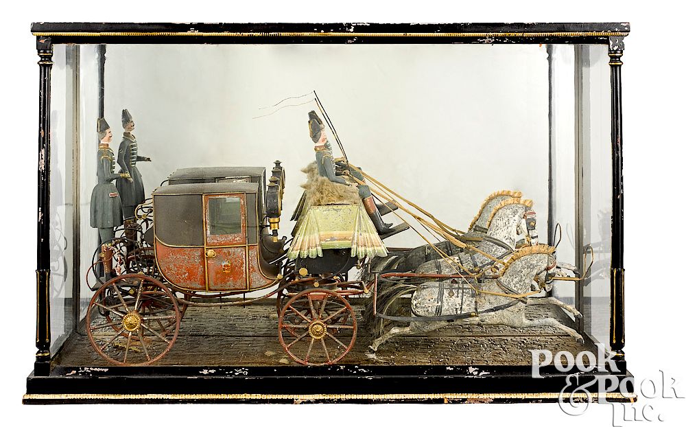 Appraisal: English horse drawn royal carriage model English painted tin and