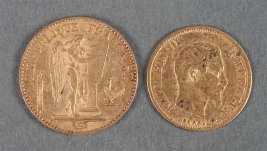 Appraisal: Two French gold coins Napoleon III franc -A F and