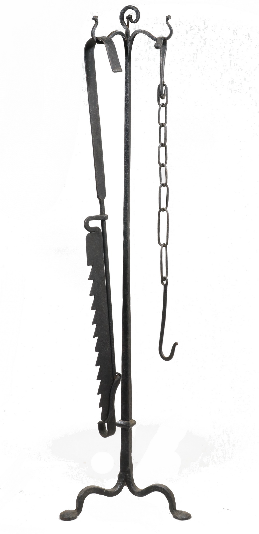 Appraisal: WROUGHT IRON FIREPLACE STAND WITH TRAMMEL AND CHAIN WITH HOOK