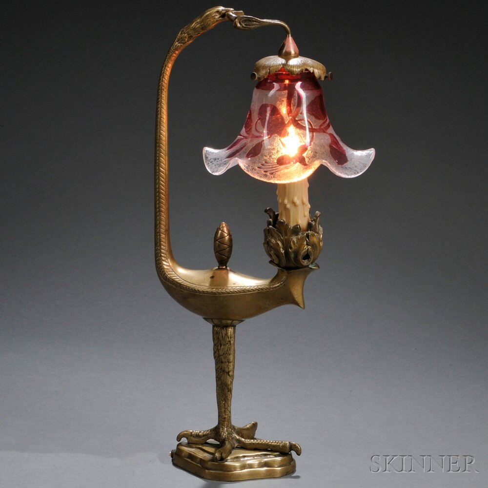 Appraisal: Stylized Art Nouveau Bird-form Table Lamp Brass art glass Europe