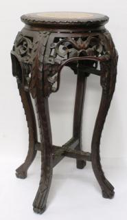 Appraisal: Vintage Carved Chinese Rosewood Marble Stand The foliate- and flower-carved