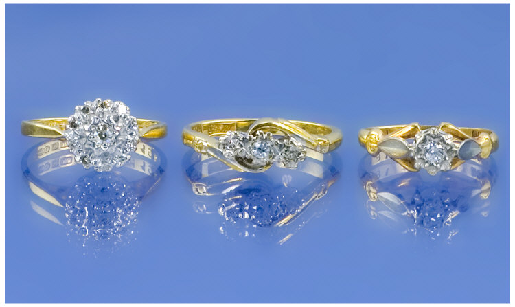 Appraisal: Three ct Gold Diamond Rings Comprising Single Stone Three Stone