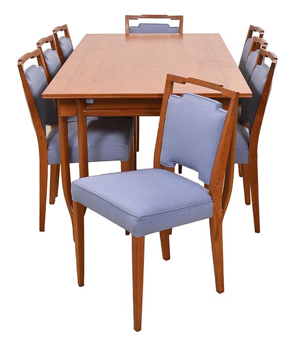 Appraisal: ROSANDO BROS PARQUETRY INLAID TEAK DINING SUITE c comprising an