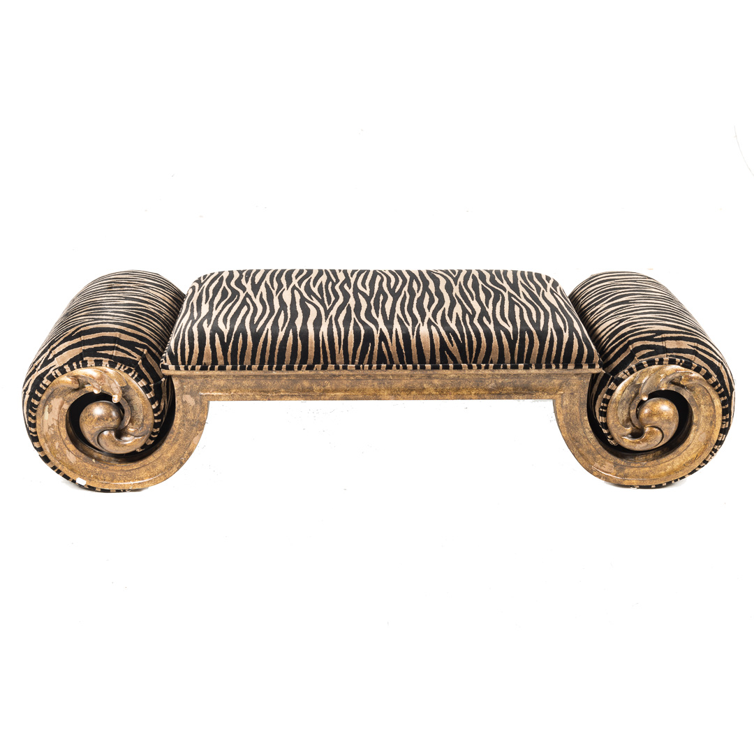 Appraisal: Contemporary gilded tiger print upholstered bench th century upholstered seat