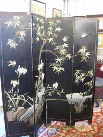 Appraisal: Oriental Lacquerware Four Panel Screen bird foliage designs on both