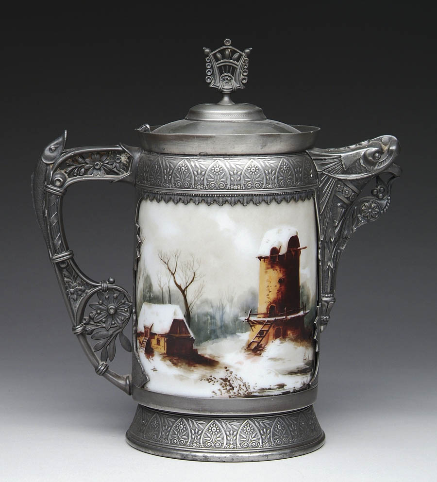 Appraisal: OUTSTANDING DECORATED MILK GLASS AND SILVER-PLATED ICE WATER PITCHER The