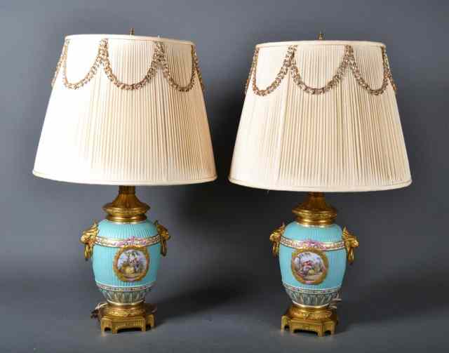 Appraisal: Fine Pair Of Severs Gilt Bronze Porcelain LampsEach with two