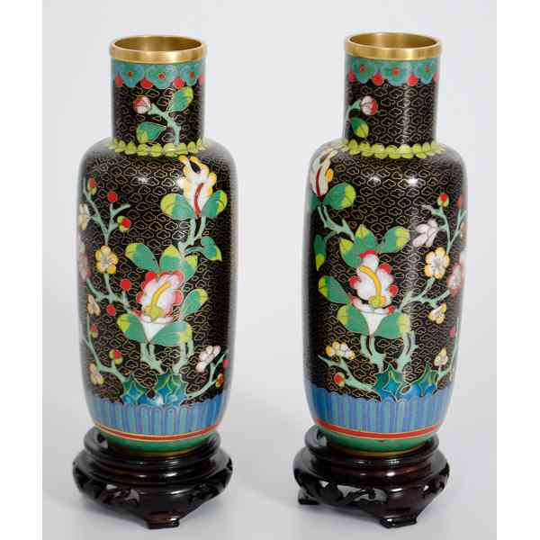 Appraisal: Pair of Chinese Cloisonne Vases Black ground a pair of