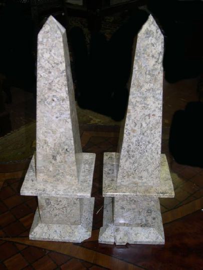 Appraisal: Pair of Italian Polished Travertine Marble Obelisks in the neoclassical