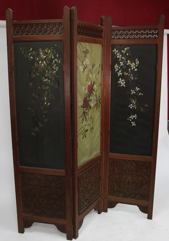 Appraisal: A wooden framed three-fold screen each fold with painted decoration