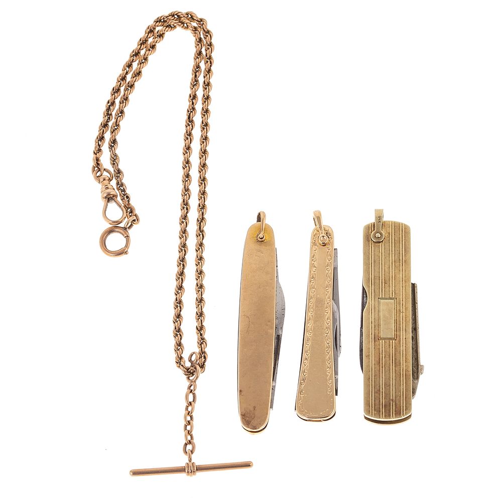 Appraisal: A Collection of Gold Pocketknives Watch Chain K yellow gold