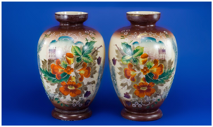 Appraisal: Pair of Late Twentieth Century Opaline Glass Vase handpainted floral