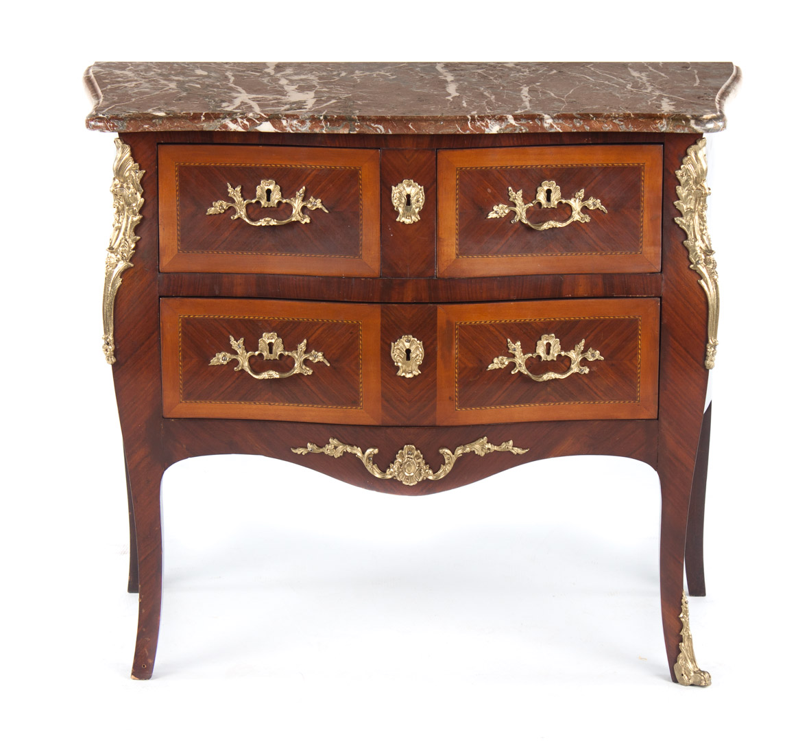 Appraisal: Louis XV style parquetry inlaid commode red and grey variegated