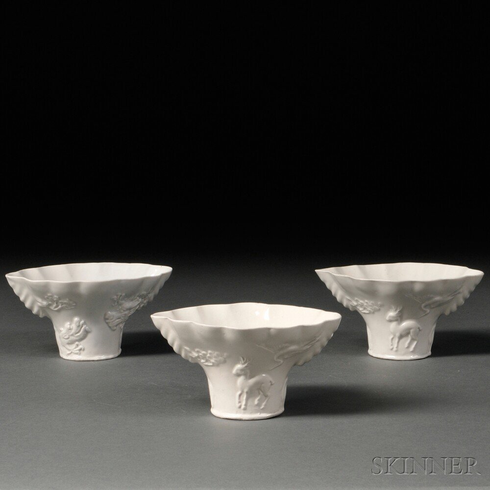 Appraisal: Three Blanc-de-Chine Libation Cups China Qing Dynasty of rhinoceros horn