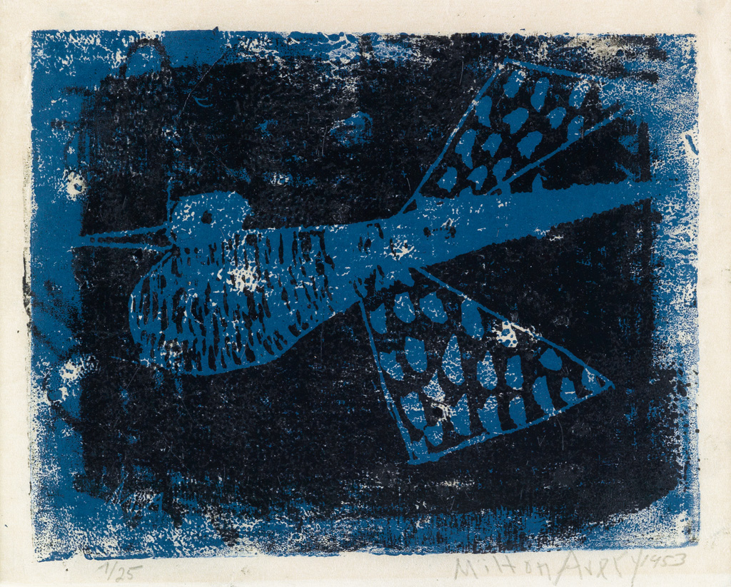 Appraisal: MILTON AVERY Flight Color woodcut printed in blue and black