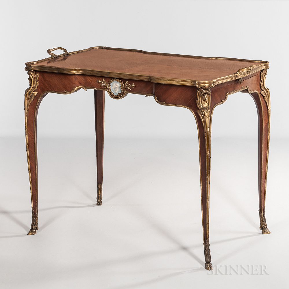 Appraisal: Louis XV-style Mahogany-veneered Ormolu-mounted Tray Table Louis XV-style Mahogany-veneered Ormolu-mounted