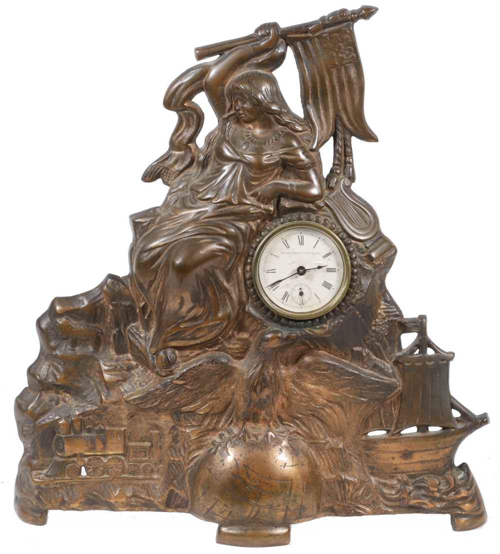 Appraisal: EARLY LADY LIBERTY NOVELTY CLOCK Circa Copper Plated Cast Bronze