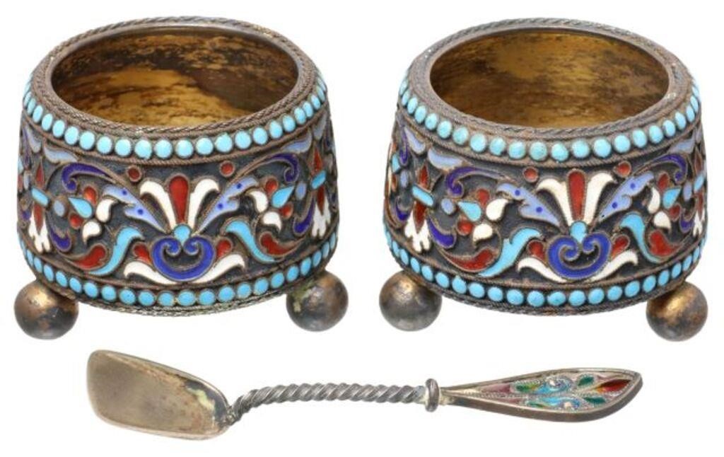 Appraisal: lot of Russian silver and cloisonne enamel salt cellars Nikolai