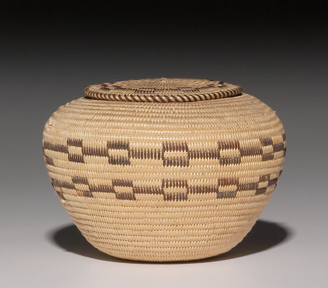 Appraisal: Shoshoni lidded basket polychrome geometric design dia x h