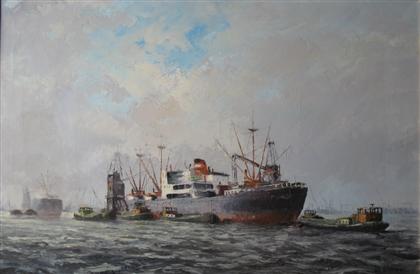 Appraisal: JOHN STERMER OIL TANKER Signed bottom right Oil on canvas