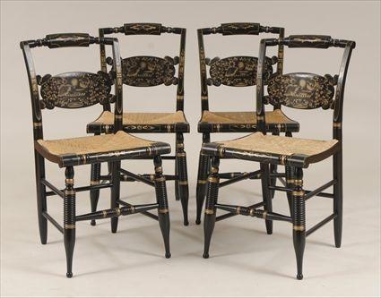 Appraisal: Four Hitchcock Painted and Stenciled Side Chairs with Rush Seats