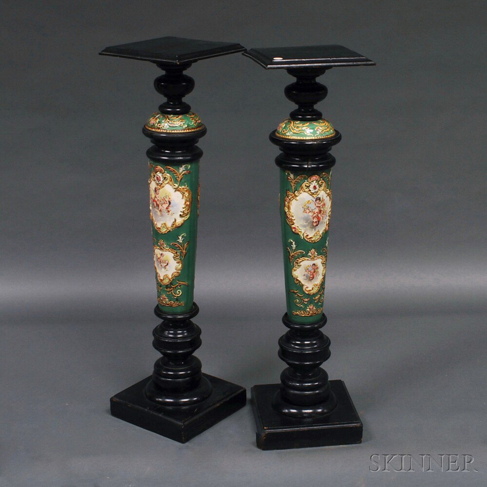 Appraisal: Pair of Continental Ceramic and Ebonized Wood Pedestals each with