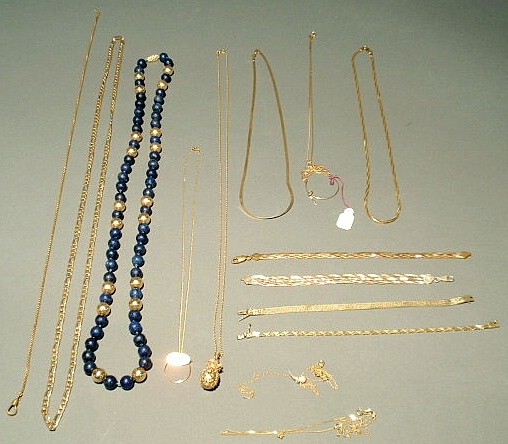 Appraisal: Group of ladies jewelry- l gold chains bracelets gold lapis