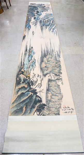 Appraisal: PANORAMIC CHINESE WATERCOLOR ON PAPER SCROLL landscape with river and