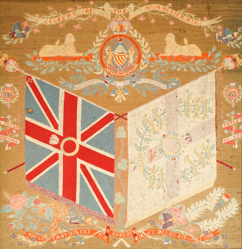 Appraisal: ENGLISH WOOLWORKdepicting two crossed flags and various motifs with banners