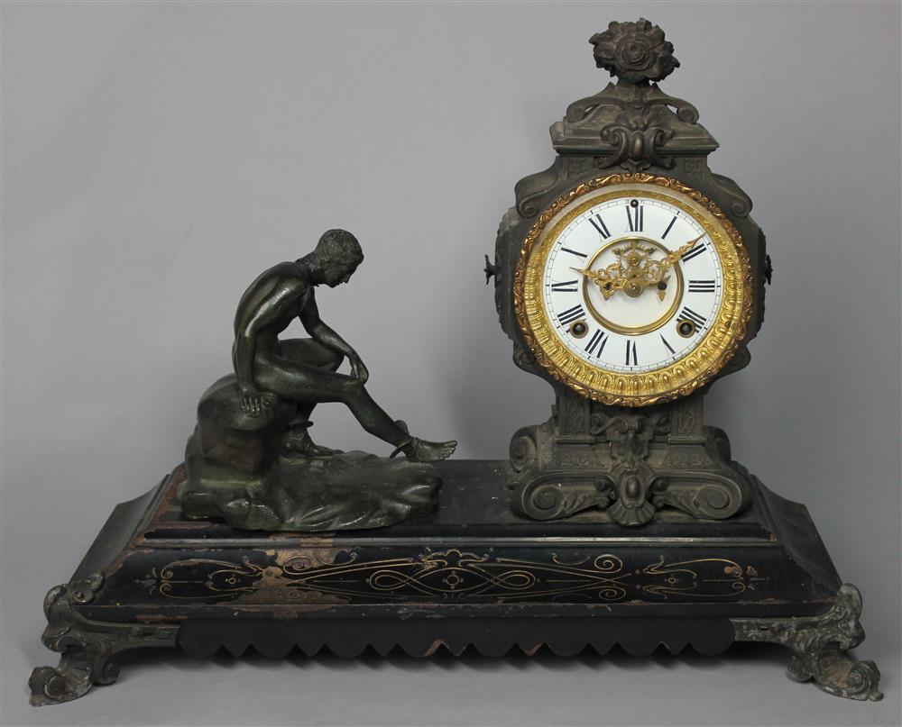 Appraisal: FRENCH PATINATED METAL MOUNTED CLOCK WITH A FIGURE OF MERCURY