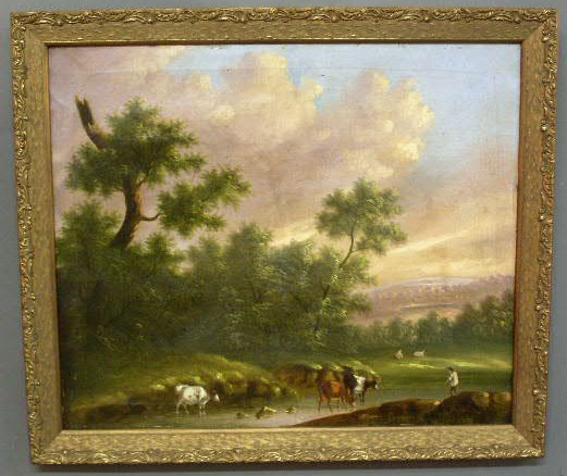 Appraisal: Oil on canvas painting c of cows in a stream