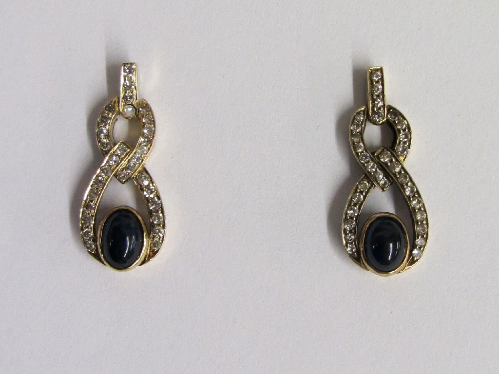 Appraisal: Pair of gold cabochon sapphire and diamond set drop earrings